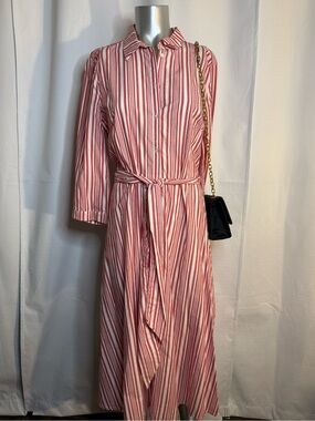 H&M Red and White Striped Long Sleeve Shirt Dress